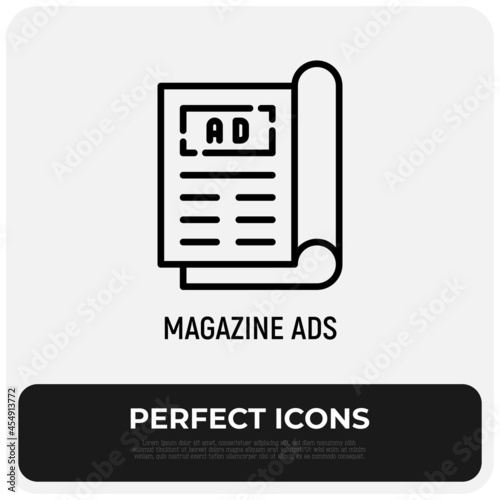 Magazine ad on front page thin line icon. Modern vector illustration.
