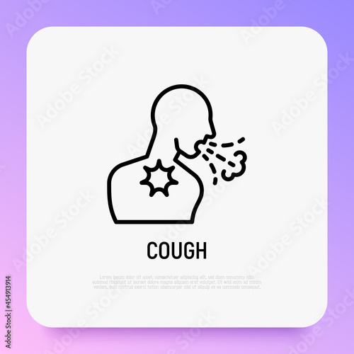 Man is coughing thin line icon. Cold, bronchitis, asthma, coronavirus. Symptom of flu. Modern vector illustration.