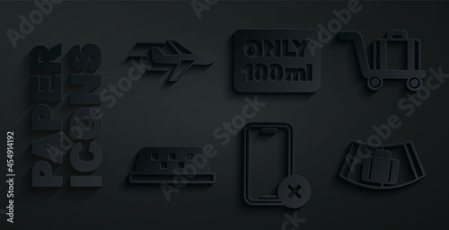 Set No cell phone, Trolley baggage, Taxi car roof, Conveyor belt with suitcase, Liquids in carry-on and Plane icon. Vector