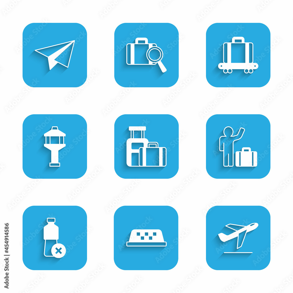 Set Suitcase, Taxi car roof, Plane takeoff, Tourist with suitcase, No water bottle, Airport control tower, Conveyor belt and Paper airplane icon. Vector Set Suitcase, Taxi car roof, Plane takeoff, Tourist with suitcase, No water bottle, Airport control tower, Conveyor belt and Paper airplane icon. Vector