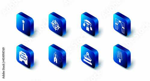Set Target sport, Attraction carousel, Circus curtain raises, Ice cream, Boat swing, ticket, and Magic wand icon. Vector