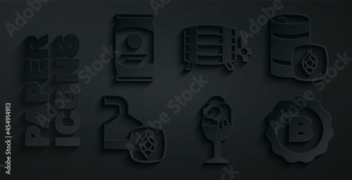 Set Glass of beer, Metal keg, Beer brewing process, Bottle cap with, Wooden barrel and can icon. Vector