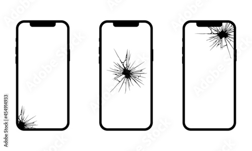 Set of smartphone with a crack on the display. Black set of mobile phone icons. Flat design