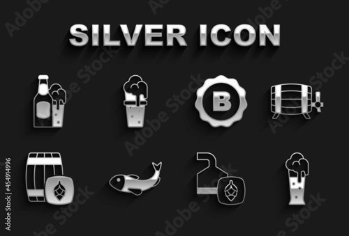Set Dried fish, Wooden barrel, Glass of beer, Beer brewing process, Bottle cap with, bottle and glass and icon. Vector