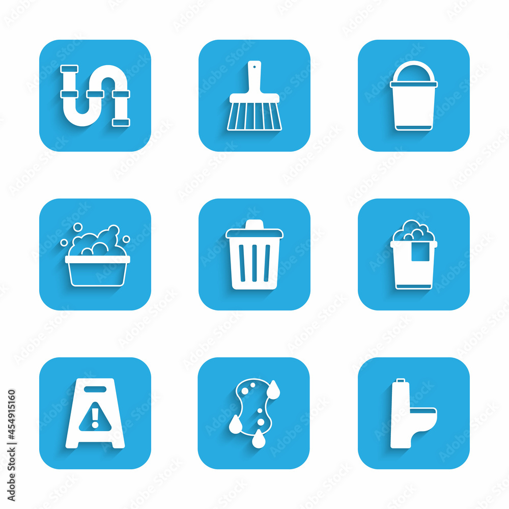 Set Trash can, Sponge, Toilet bowl, Bucket with foam, Wet floor, Basin soap suds, and Industry metallic pipe icon. Vector
