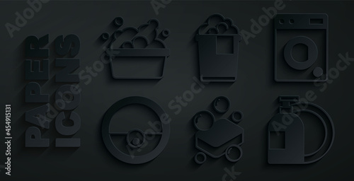 Set Bar of soap, Washer, Robot vacuum cleaner, Dishwashing liquid bottle, Bucket with foam and Basin suds icon. Vector