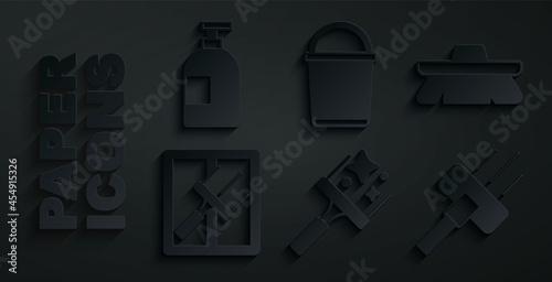 Set Rubber cleaner for windows, Brush cleaning, Vacuum, Bucket and Dishwashing liquid bottle icon. Vector