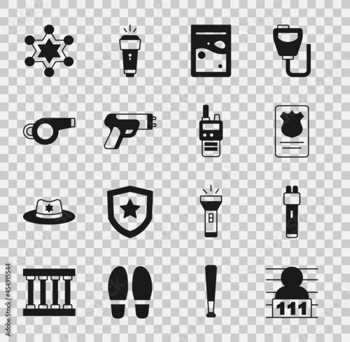 Set Suspect criminal, Police electric shocker, badge with id case, Plastic bag of drug, Whistle, Hexagram sheriff and Walkie talkie icon. Vector