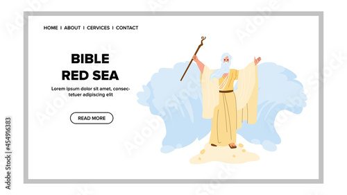 Bible Red Sea Moses Prepare Way For Jews Vector. Bible Red Sea Religious Man With Stick Doing Miracle For Escape Slave From Egypt. Character Judaism Religion Story Web Flat Cartoon Illustration