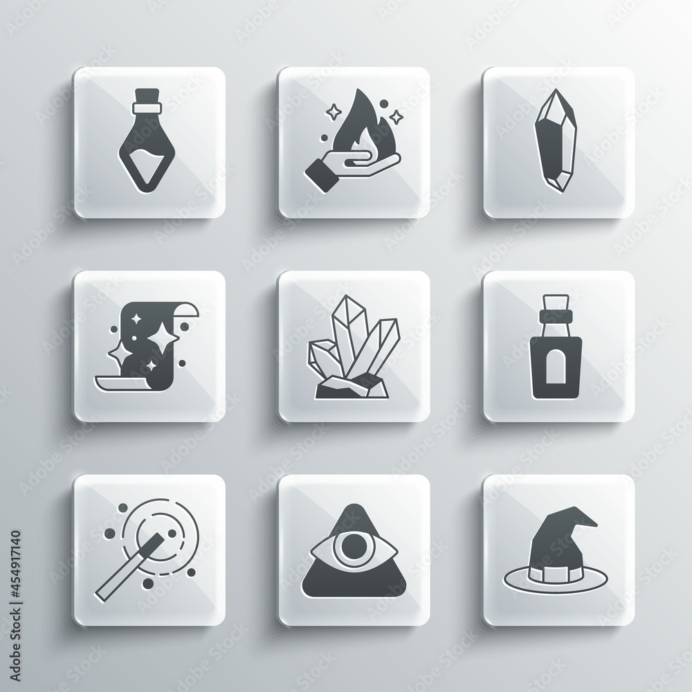 Set All-seeing eye of God, Witch hat, Bottle with potion, Magic stone, wand, scroll, and icon. Vector Set All-seeing eye of God, Witch hat, Bottle with potion, Magic stone, wand, scroll, and icon. Vector