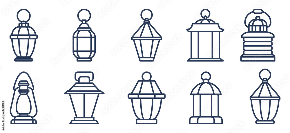 Set of outline old fashioned flashlight. Kerosene lamp and candle