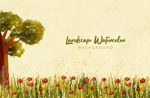 Watercolor painting hand drawn tree and farm flower landscape background