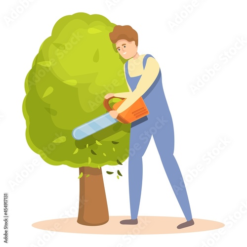 Chainsaw tree trimming icon cartoon vector. Garden hedge. Man worker