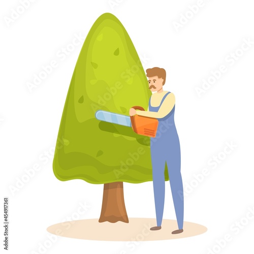 Chainsaw fir tree cutting icon cartoon vector. Garden hedge. Worker man