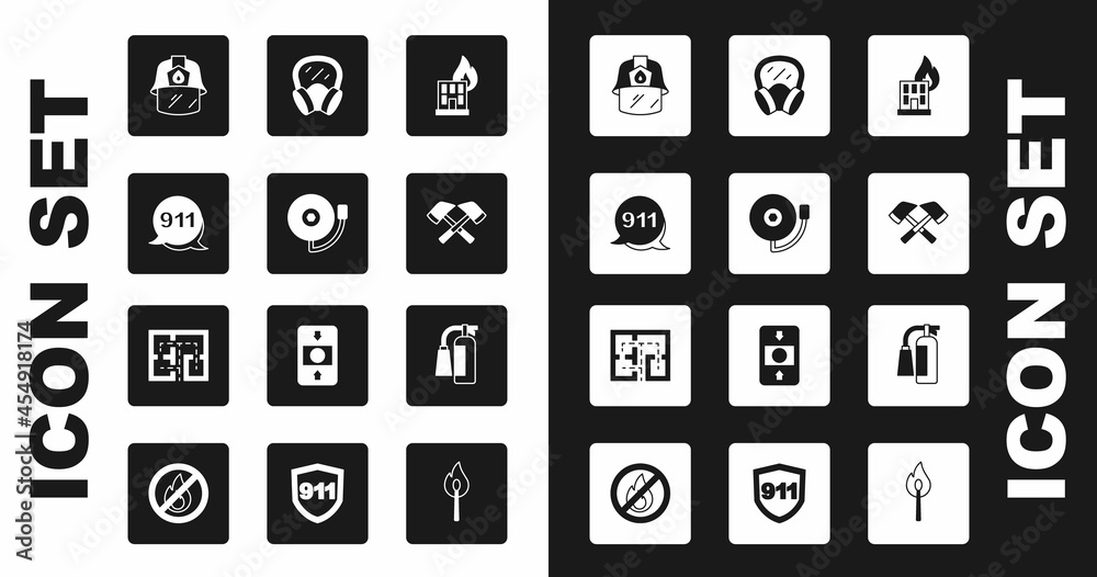 Set Fire in burning building, Ringing alarm bell, Emergency call 911, Firefighter helmet, axe, Gas mask, extinguisher and Evacuation plan icon. Vector Set Fire in burning building, Ringing alarm bell, Emergency call 911, Firefighter helmet, axe, Gas mask, extinguisher and Evacuation plan icon. Vector