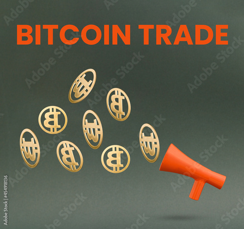 Bitcoin trade golden coins symbol with red megaphone ahainst black background. Virtual cryptocurrency trading market. Missing Out (Fomo) in Bitcoin during Rally period. 3D illustration Background Art. photo