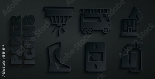 Set Fire alarm system, in burning building, boots, extinguisher, truck and Smoke icon. Vector