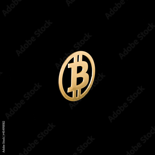 Bitcoin logo icon isolated close-up on black background. Bitcoin mining business concept and virtual cryptocurrency symbol. 3D illustration Background Business Idea.