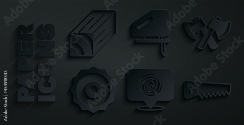 Set Wooden logs, axe, ircular saw blade, Hand, Electric jigsaw and beam icon. Vector