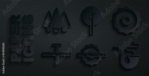Set Electric circular saw, blade, Metallic nail, Smoking pipe, Tree and Christmas tree icon. Vector