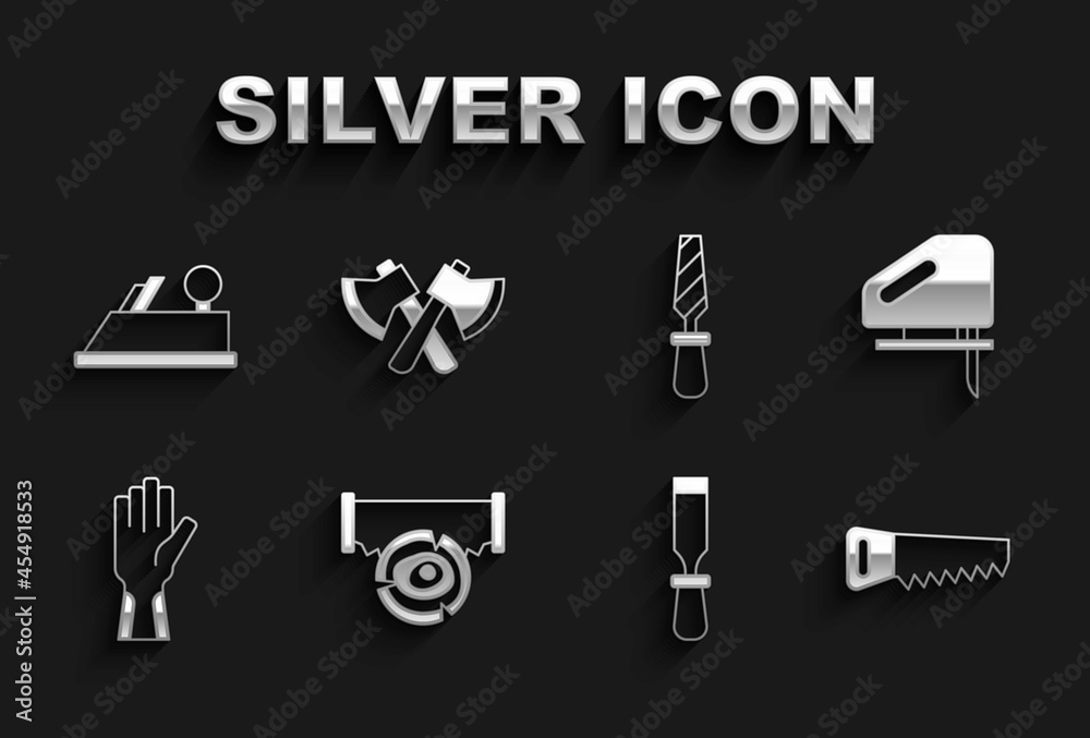 Set Two-handed saw and log, Electric jigsaw, Hand, Chisel tool, Protective gloves, Rasp metal file, Wood plane and Wooden axe icon. Vector Set Two-handed saw and log, Electric jigsaw, Hand, Chisel tool, Protective gloves, Rasp metal file, Wood plane and Wooden axe icon. Vector