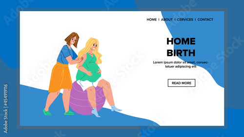 Home Birth Prepare Pregnant Woman And Doula Vector. Assistant Lady Massaging And Help Pregnancy Girl For Home Birth Procedure. Characters Helping For Motherhood Web Flat Cartoon Illustration