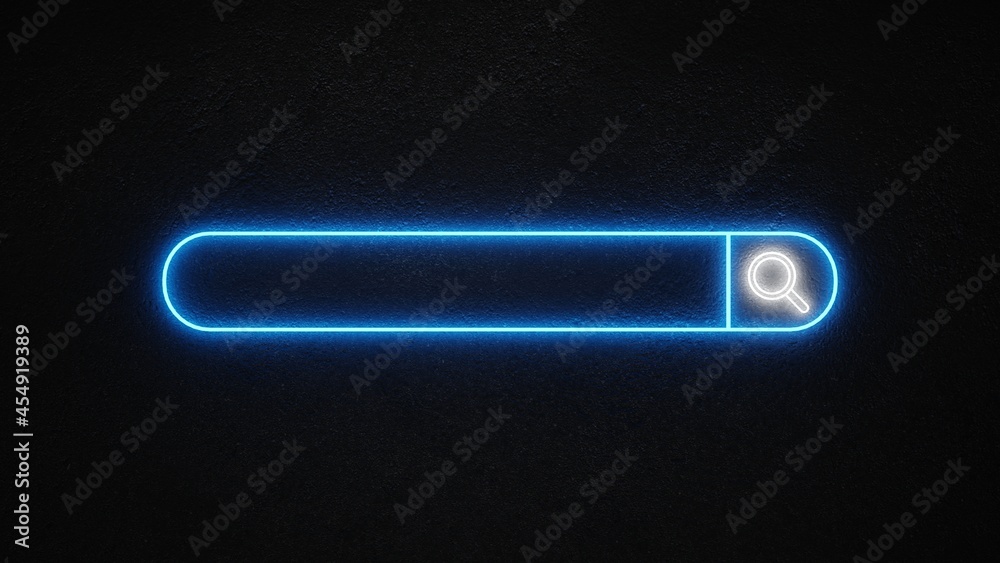 Blank blue neon search bar icon. Web search illustration concept. 3d illustration blue neon on black background design. - obrazy, fototapety, plakaty 