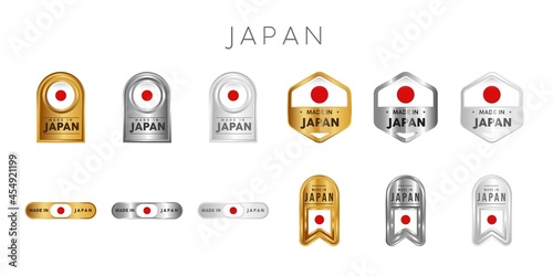 Made in Japan Label, Stamp, Badge, or Logo. With The National Flag of Japan. On platinum, gold, and silver colors. Premium and Luxury Emblem