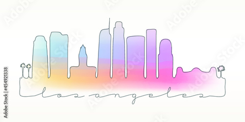 Los Angeles  CA  USA Skyline Watercolor City Illustration. Famous Buildings Silhouette Hand Drawn Doodle Art. Vector Landmark Sketch Drawing.
