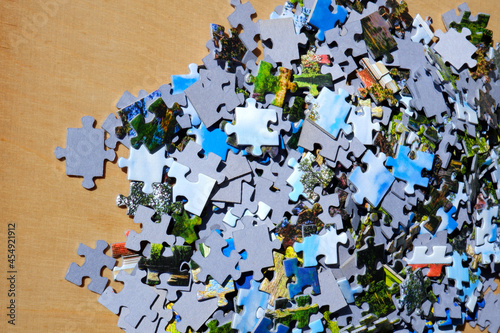 Jigsaw puzzle pieces on the table