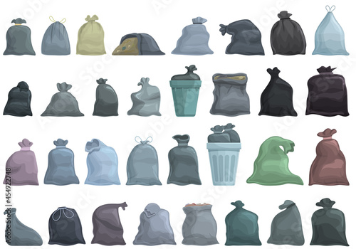 Bag for trash icons set cartoon vector. Garbage rubish. Dirty food