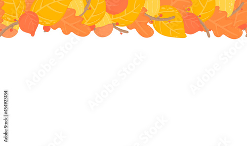 autumn leaves seamless background  border with yellow autumn leafes  branches design. Nature organic items.Vector