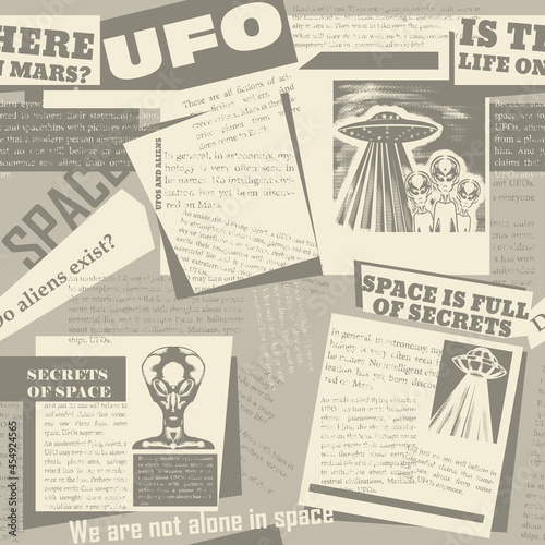 Vintage seamless pattern with a collage of newspaper clippings about UFOs and aliens. Background with old, unreadable text, titles and illustrations on the theme of space. Newspaper print from scraps.