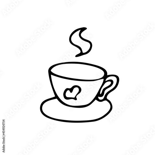 Black isolated icon of the outline of a tea cup on a white background. Doodle image of a cup with a hot drink. 