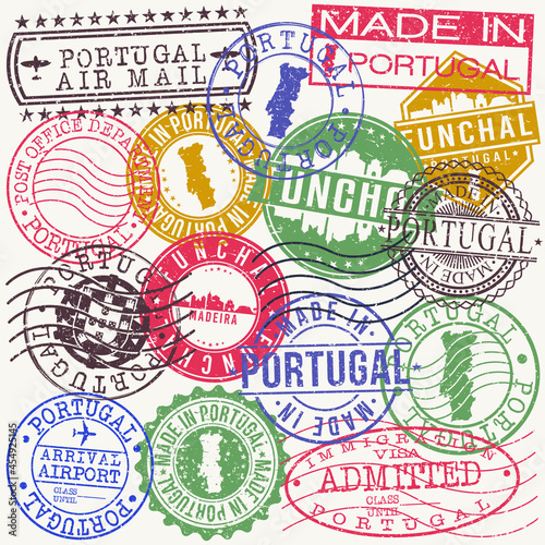 Funchal  Portugal Set of Stamps. Travel Stamp. Made In Product. Design Seals Old Style Insignia.