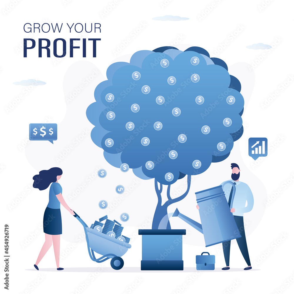 Successful business team grows money tree. Businesswoman rolls cart with financial harvest, businessman uses watering can. Venture fund, investment process. Successful business team grows money tree. Businesswoman rolls cart with financial harvest, businessman uses watering can. Venture fund, investment process.
