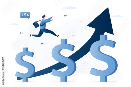 Growth earning, investment. Businessman or trader jumping on growth huge dollar signs. Increasing income, salary and bonus in career.