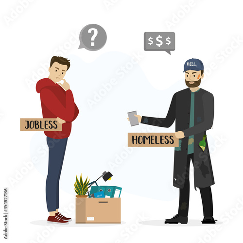 Jobless worker with things. Homeless vagrant man ask for money. Social issues, concept banner. Caucasian beggar holds donation mug and cardboard.