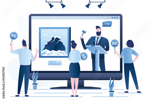 Online auction, concept banner. Male auctioneer sells works of art. Group of various art buyers looking on display. Trader use auction hammer.