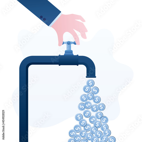 Cash flow, making business profit or earning from investment. Payment of dividends. Passive income. Businessman, business owner or successful investor open tap,