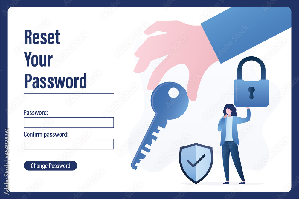 Reset your password, landing page. Hand gives big key, woman user holds padlock. Account data protection, information storage. Web page template,
