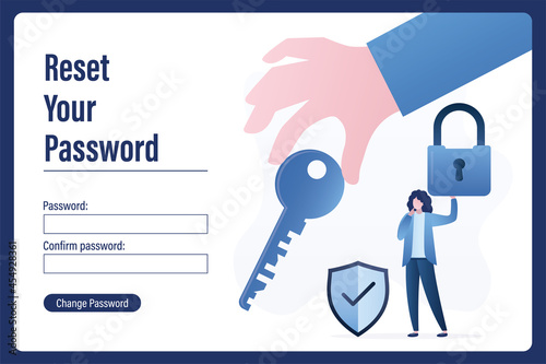 Reset your password, landing page. Hand gives big key, woman user holds padlock. Account data protection, information storage. Web page template, photo