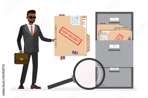 Secret agent holds folder with red stamp - top secret. African american politician search confidential documents. Big magnifying glass and large storage box for important files