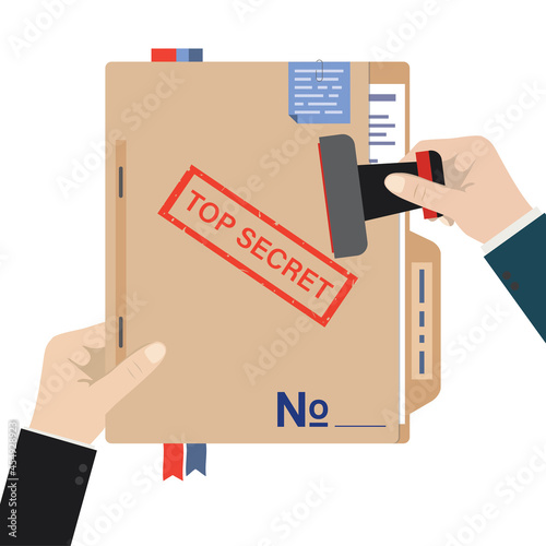One hand holds report, other hand stamped big stamp - top secret on folder. Politicians or secret service keep files and important documents secret.