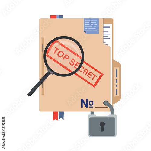 Government report top secret, seal stamped on folder with important documents. Cardboard folder with padlock, information protection.