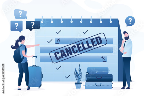 Flight and trip cancelled due to COVID-19 virus outbreak. Unhappy tourists couple with luggage. Questions signs. Cancel plan travel on paper planner.