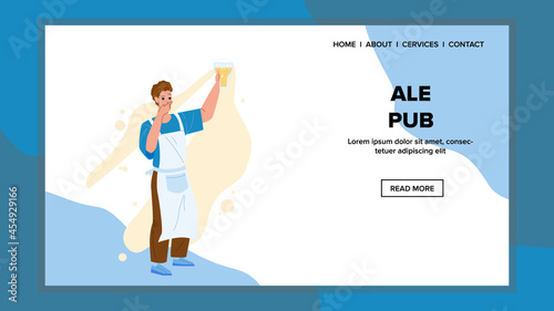 Ale Pub Barman Holding Beer Drink Glass Vector. Ale Pub Worker Young Man In Apron Pouring Alcoholic Beverage For Client. Character Boy Hold Refreshment Lager Web Flat Cartoon Illustration