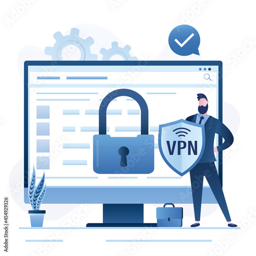 Computer with VPN software or plugin. App for secure internet connection, data encryption. Security protocol. Virtual Private Network. Male user holds shield.