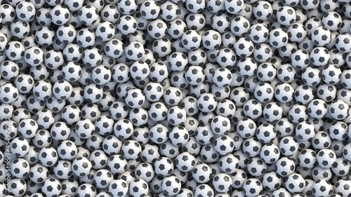 Soccer balls background. Many classic black and white football balls lying in a pile. High resolution 3d render