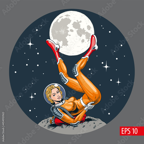Astronaut woman lying on an asteroid, legs up, moon and stars on background. Pin up girl in orange and red space suit posing. Vintage comic book style vector illustration.